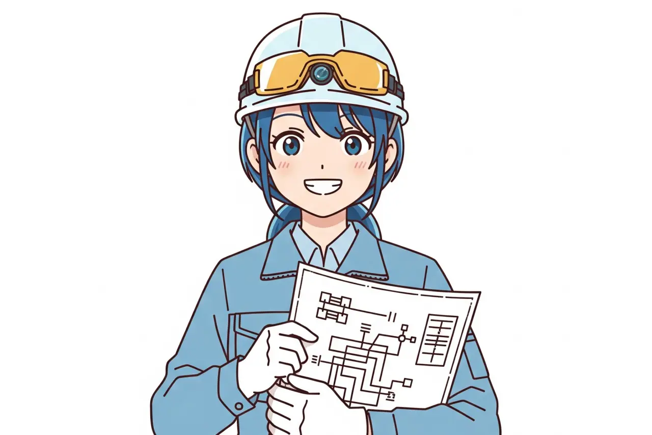電気図面を見る電気工事士の女の子のイラスト